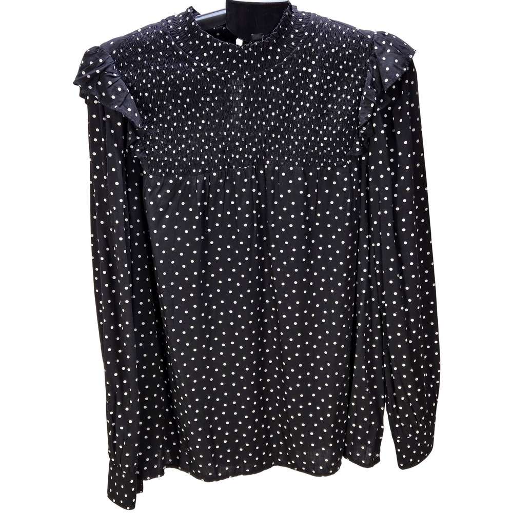 Women's Loft Large Black Polka Dot Smocked‎ Ruffle Tunic Peasant Retro Chic